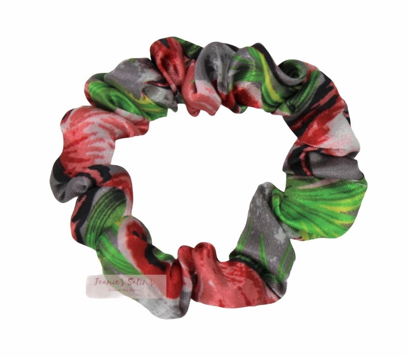 Jeanie’s Satins Patterned Scrunchies - Small / Flamingo Paradise