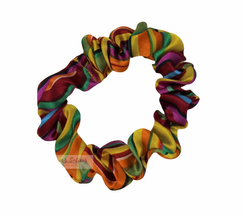 Jeanie’s Satins Patterned Scrunchies - Small / Rainbow Wave